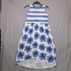 Tea A-Line Hi-Low Dress Stripe Top Floral Bottom White & Blue Women Size | 12